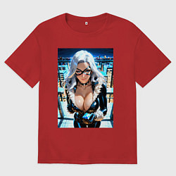 Мужская футболка оверсайз Черная кошка с брилиантом на крыше здания