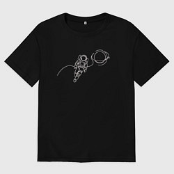 Футболка оверсайз мужская Космонавт рядом с планетой лайн арт, цвет: черный