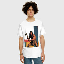 Футболка оверсайз мужская Индеец с томагавком поп-арт, цвет: белый — фото 2