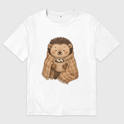 Футболка оверсайз мужская Ежик с пледом согревается кофе, цвет: белый