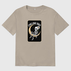 Мужская футболка оверсайз Белый скелет сидит на полумесяце