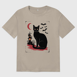 Футболка оверсайз мужская Кот и летучие мыши, Хэллоуин, цвет: миндальный