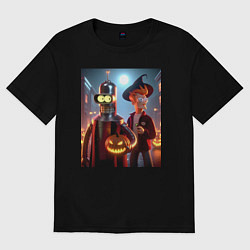 Футболка оверсайз мужская Бендер и Фрай в шляпе - ночь на хэллоуин, цвет: черный