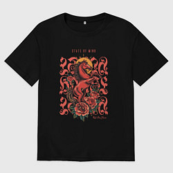 Мужская футболка оверсайз Красный огненный конь на закате с розами тату