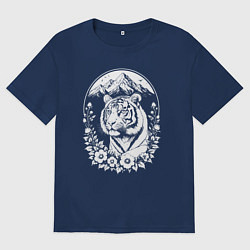 Мужская футболка оверсайз Тигр среди гор и цветов