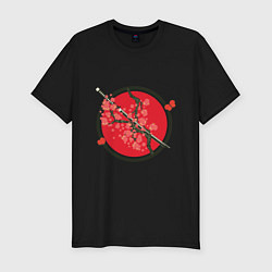 Футболка slim-fit Японский меч, катана и ветви с красными цветами, цвет: черный