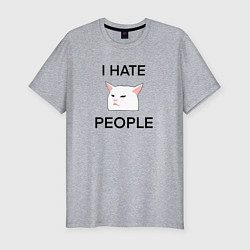Футболка slim-fit I hate people, текст с белым котом, цвет: меланж