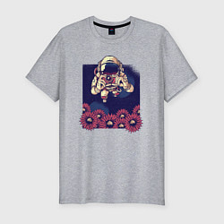 Футболка slim-fit Фотограф космонавт с цветами, цвет: меланж