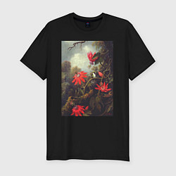 Футболка slim-fit Hummingbird and Passionflowers Колибри на ветке, цвет: черный