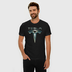 Футболка slim-fit Tesla Logo Тесла Логотип Карбон, цвет: черный — фото 2