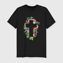 Мужская slim-футболка Крест с цветами Cross with flowers