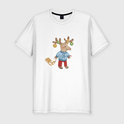 Футболка slim-fit Рождественский олень с санями, цвет: белый
