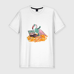 Футболка slim-fit Осенний фламинго с ноутбуком, мечты о лете, цвет: белый