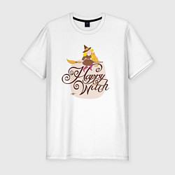 Футболка slim-fit Волшебница с котиком на метле Happy Witch, цвет: белый