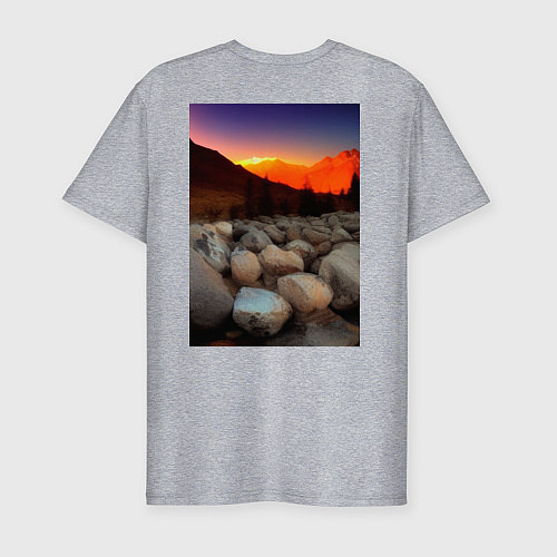 Мужская slim-футболка Горный пейзаж в закате солнца, каменная река / Меланж – фото 2