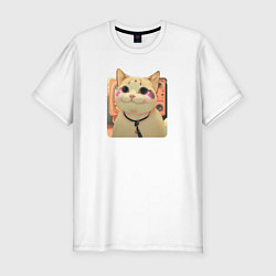 Футболка slim-fit Cat smiling meme art, цвет: белый