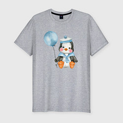Футболка slim-fit Пингвин с синим шариком, цвет: меланж