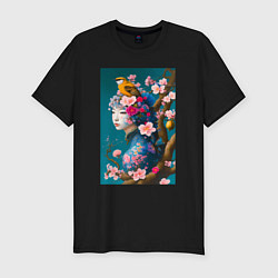 Футболка slim-fit Девушка с птицей на фоне цветущей сакуры, цвет: черный