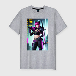 Футболка slim-fit Девчонка-кошка - кибер-самурай, цвет: меланж