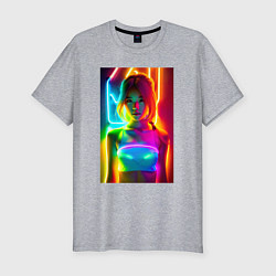 Футболка slim-fit Japanese girl - neon glow - neural network, цвет: меланж