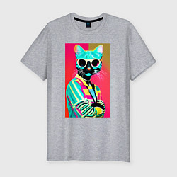 Футболка slim-fit Cat in sunglasses - pop art, цвет: меланж