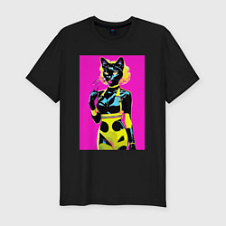 Мужская slim-футболка Black cat - fashionista - pop art - neural network