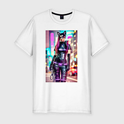 Футболка slim-fit Cyberpunk - cat girl - neural network, цвет: белый