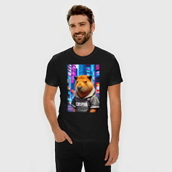 Футболка slim-fit Cool capybara - urban style - neural network, цвет: черный — фото 2