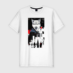 Футболка slim-fit Волчара в мегаполисе - нейроарт, цвет: белый