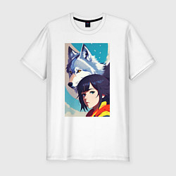 Футболка slim-fit Girl and wolf - anime - neural network -art, цвет: белый