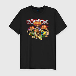 Футболка slim-fit Роблокс на фоне взрыва roblox, цвет: черный