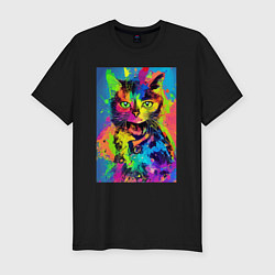 Футболка slim-fit Funny cat - pop art - neural network, цвет: черный