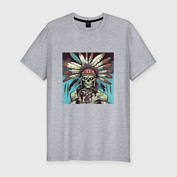 Мужская slim-футболка Индеец зомби с перьями на голове