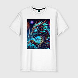 Футболка slim-fit Cyber dragon - ai art neon, цвет: белый