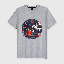 Футболка slim-fit Сказка Гуси - лебеди в стиле мезенской росписи, цвет: меланж