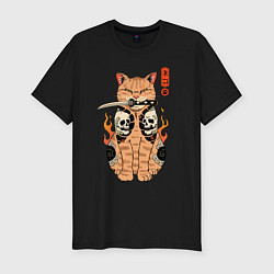 Футболка slim-fit Огненный кот якудза самурай, цвет: черный