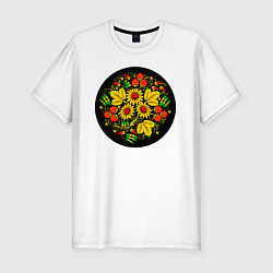 Футболка slim-fit Хохломская роспись цветы и ягоды в чёрном круге, цвет: белый