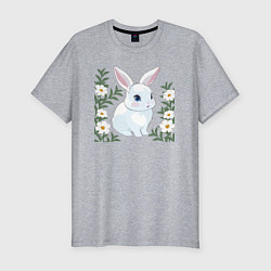 Футболка slim-fit Милый зайчонок на фоне цветов, цвет: меланж