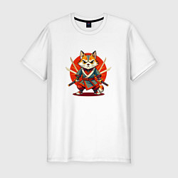 Футболка slim-fit Рыжий кот самурай с мечами, цвет: белый