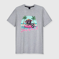 Футболка slim-fit Забавный енот плавает в круге на море лето пляж, цвет: меланж