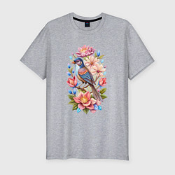 Футболка slim-fit Птица Калипта Анны среди цветов, цвет: меланж