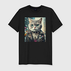 Футболка slim-fit Прикольный котик фанат тяжёлого рока - нейросеть, цвет: черный