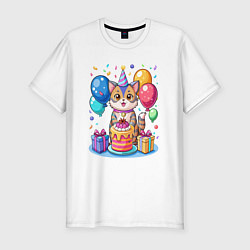 Футболка slim-fit День рождения кота, цвет: белый