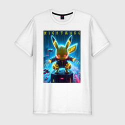 Футболка slim-fit Cyber Pikachu - neon glow ai art, цвет: белый