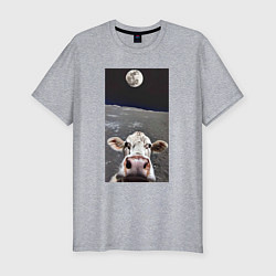 Футболка slim-fit Корова делает селфи на Луне - Земля в космосе, цвет: меланж