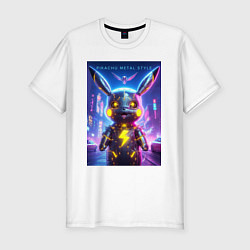 Футболка slim-fit Cyber Pikachu - metal style neon glow, цвет: белый