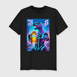 Футболка slim-fit Neon beersaur in metropolis - ai art fantasy, цвет: черный