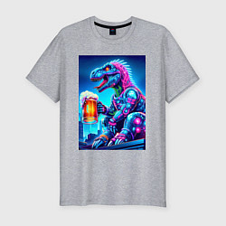 Футболка slim-fit Cyber tyrannosaur with a mug of beer - ai art fant, цвет: меланж