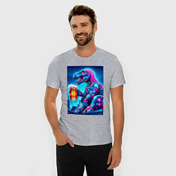 Футболка slim-fit Cyber tyrannosaur with a mug of beer - ai art fant, цвет: меланж — фото 2