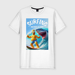 Футболка slim-fit Homer Simpson and shark - surfing never alone, цвет: белый